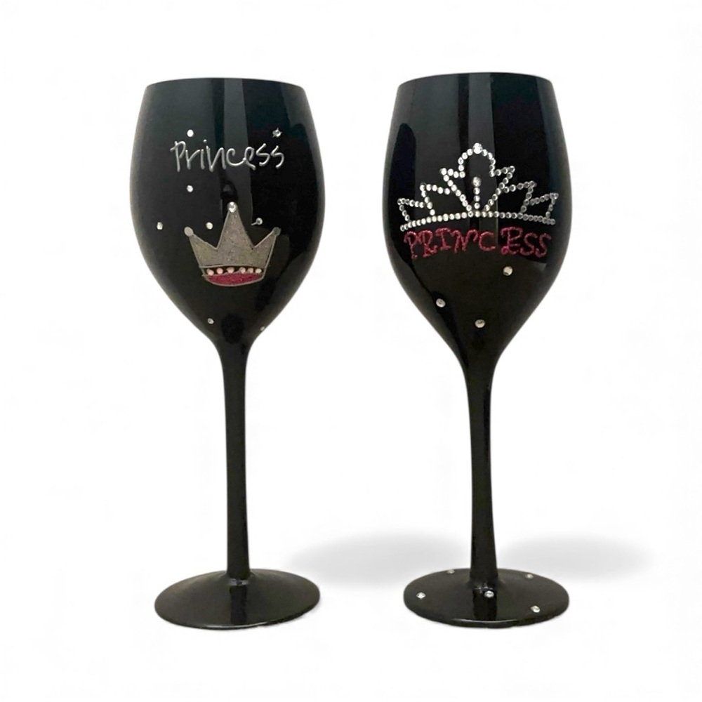 Princess Wine glasses goblets set of 2 black embellished wine lover novelty gift